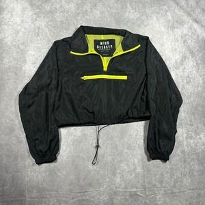 Lov Tree Women S Cropped Windbreaker Jacket Black Neon Yellow Quarter Zip Y2K